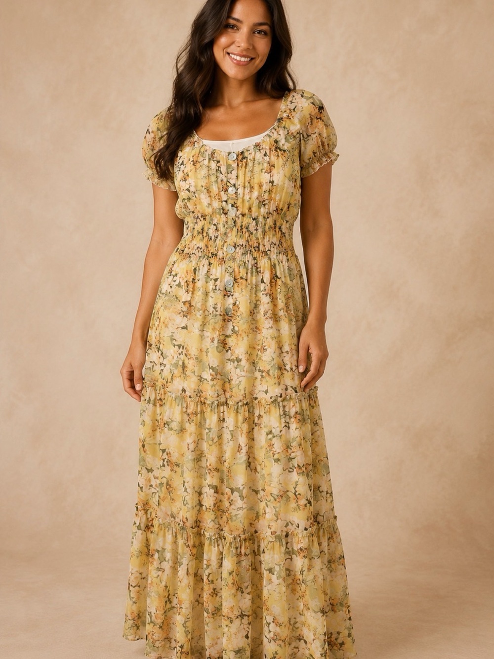 Fig & Flower Yellow Floral Cottagecore Maxi Dress Size Medium